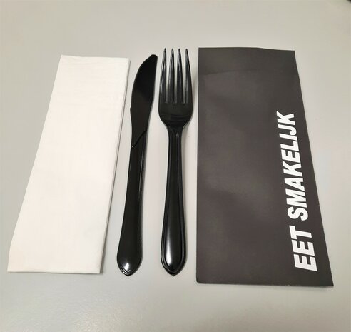 plastic bestek mes en vork zwart in papieren pochette  zakje, met wit servet